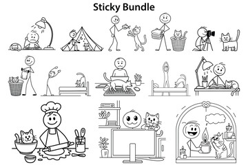 Fototapeta premium Stick figures bundle enjoying life with cats funny lifestyle illustrations bundle of stickman character activities cat lover themes playful cartoon art