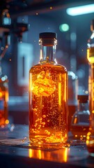 A clear glass bottle filled with a vibrant orange liquid. Bubbles and light illuminate the contents, suggesting a liquid preparation