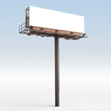 3D rendering of a large blank white megaboard billboard against a clear sky, concept for outdoor advertising, marketing, and commercial promotion.