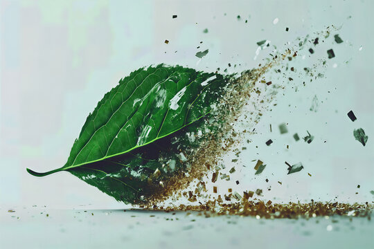 Green leaf disintegrating into particles on light background.