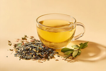 Fototapeta premium Herbal tea in a clear cup next to dried leaves on a light background