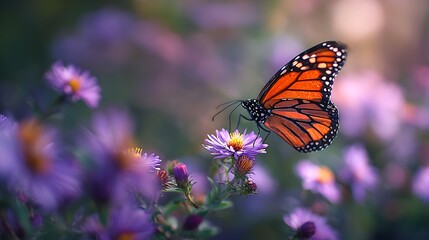 Obraz premium A monarch butterfly hovers above a purple flower in a field of vibrant wildflowers