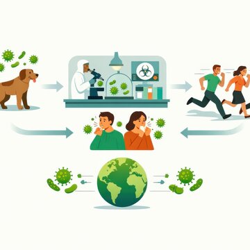Infographic illustrating the process of pathogen transmission from animals to humans highlighting the role of research, reactions to symptoms, and global health impact through dynamic