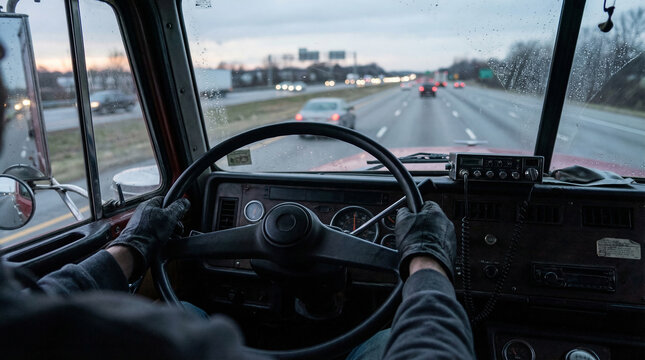Point of view of professional truck driver hands in black protective gloves on steering wheel driving semi truck on highway at dusk during logistics transportation