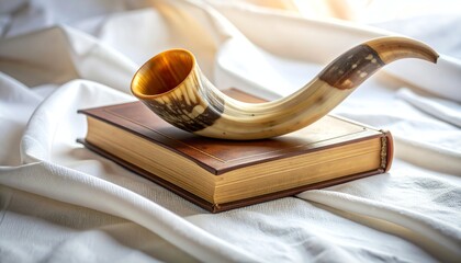 Shofar Horn Resting on a Leather Book Surrounded by Soft White Fabric