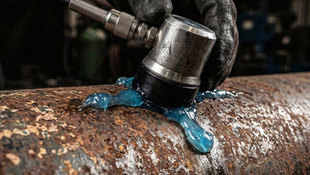 Close-up of a gloved hand using an ultrasonic NDT probe with bright blue coupling gel on a rusty pipe