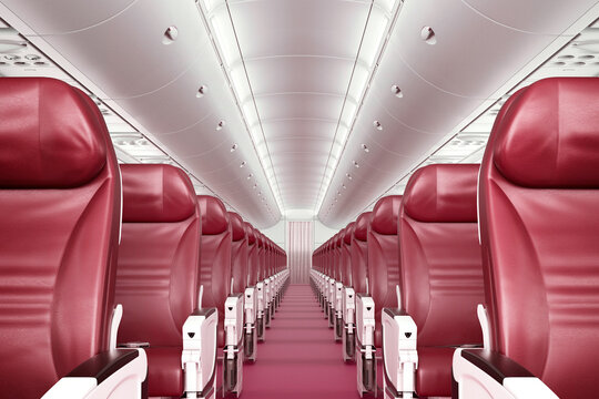 3D rendering of a modern airplane interior with burgundy leather seats, symmetrical cabin aisle, and elegant lighting, concept for commercial aviation and travel.