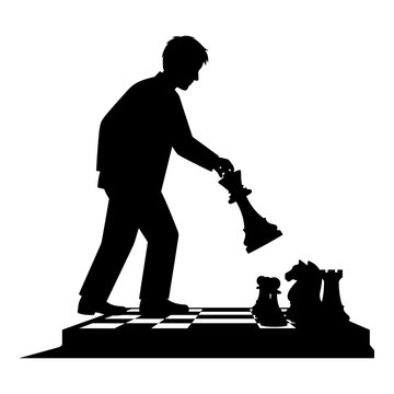 Silhouette graphic of businessman making final move with large chess king piece