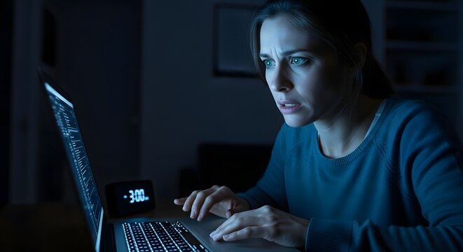 Woman working late at night on laptop in dark room with illuminated screen