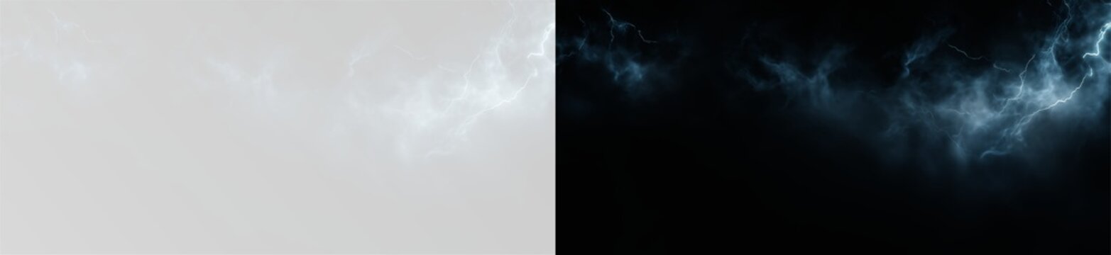 Bolt, blue lightning flash in soft white clouds. Minimalist atmospheric thunderbolt discharge on white background. Airy cloud texture with subtle electric spark for clean tech design png.