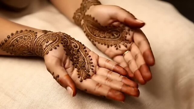 Intricate and beautiful traditional mehndi henna patterns adorning a woman's hands, showcasing cultural artistry for festive celebrations, weddings, and special events