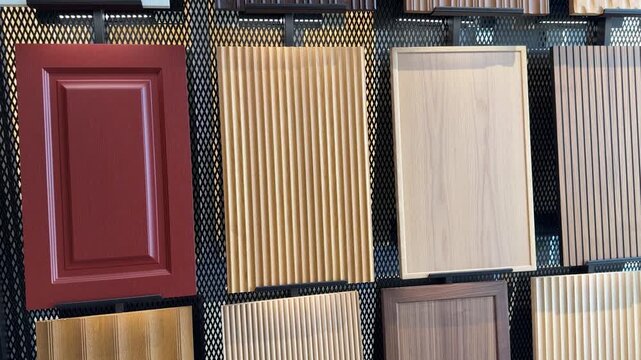 Variety of modern kitchen cabinet door samples displayed in a showroom setting