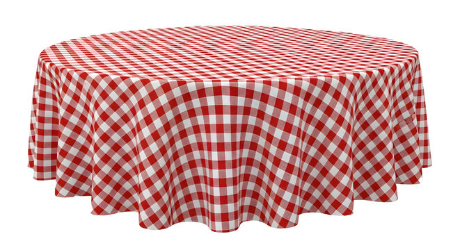Round table covered with red and white checkered tablecloth