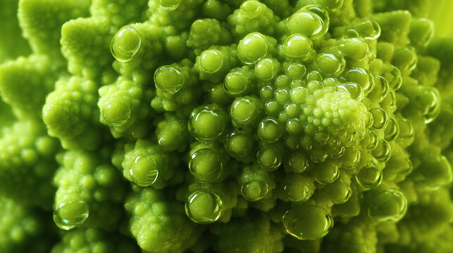 Close-up of fresh green broccoli florets covered in water droplets