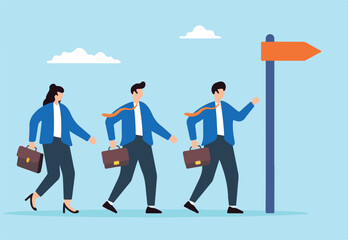 Fototapeta premium Flat illustration of business people walk in right direction toward signpost symbolizing guidance toward career success
