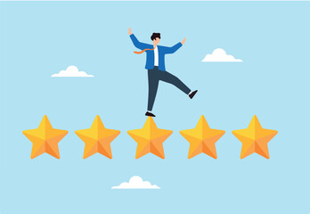 Obraz premium Flat illustration of businessman balance on five star rating for excellent performance review