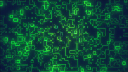 Green glowing digital grid of square pixels resembling a matrix-style data visualization and futuristic coding environment