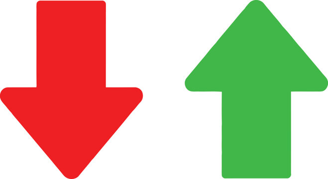 Contrasting arrows indicating opposite directional movements with red down and green up. Vector