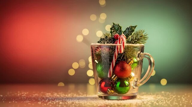 A festive holiday mug filled with colorful ornaments and candy canes