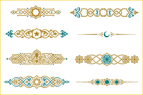 Set of elegant gold and blue Islamic arabesque vector text dividers and borders.