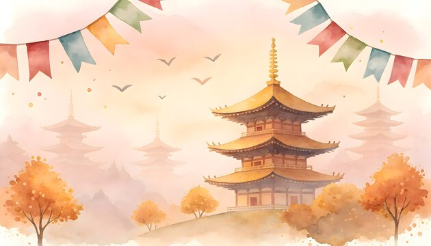 Landscape 16:9 illustration of pagoda temple with prayer flags and autumn trees during Bisket Jatra festival, traditional Nepali celebration welcoming the Nepali New Year.