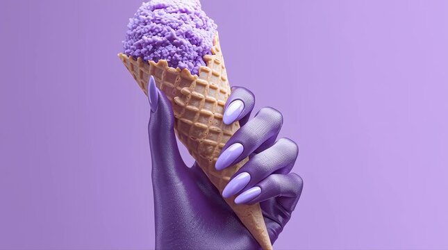 A hand holding a waffle cone filled with purple ice cream against a vibrant background