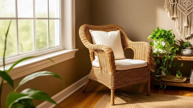 Cozy reading nook with wicker chair and plants by a sunny window