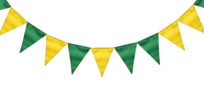 A colorful bunting garland with green and yellow triangular flags Brazil, green and yellow colors in 2026 soccer world championship