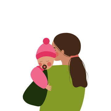 Illustration of a mother holding a small baby girl. Mother and daughter. Isolated design of mother and child