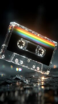 A transparent retro cassette tape with a rainbow stripe mixtape floating in the air., audio cassette tape on black background