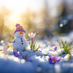 Obraz premium Snowman on a meadow with grass and spring flowers growing through the melting snow. Concept of spring coming and winter leaving.