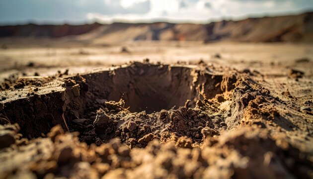 Close up of a freshly formed impact crater on dry, dusty ground, a stark reminder of powerful forces at play