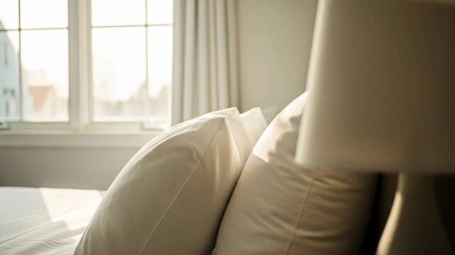 A serene and cozy bedroom scene featuring a neatly made bed with crisp white pillows and sheets