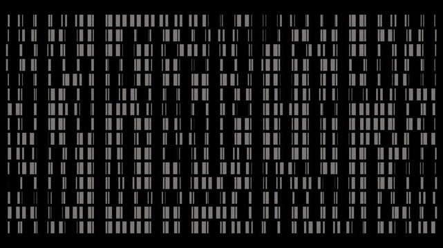 Vertical noise bar animation with monochrome columns and random segmented dashes on dark background