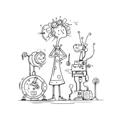 Fototapeta premium Confused Woman Standing with Robots in Workshop