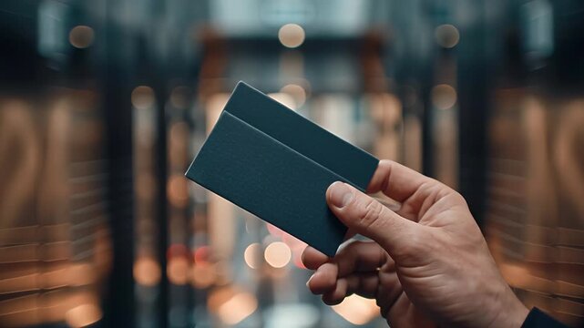 Close up of business hands exchanging a dark card in a modern office building