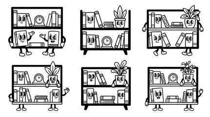 Naklejka premium bookshelf, cute retro cartoon style vector set , white background , PNG and SVG isolate