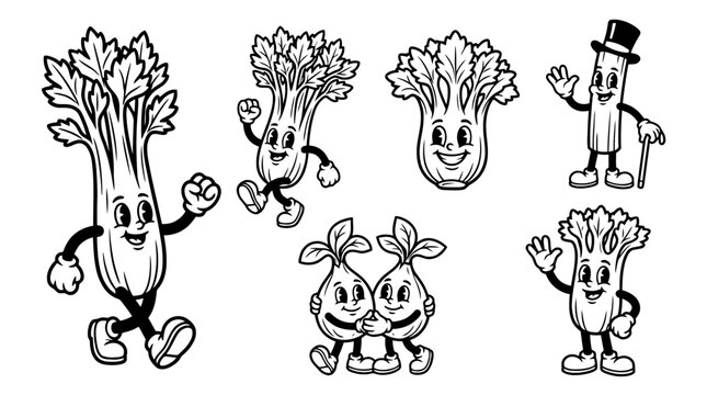 celery, cute retro cartoon style vector set , white background , PNG and SVG isolate