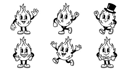 Fototapeta premium dragon fruit, cute retro cartoon style vector set , white background , PNG and SVG isolate