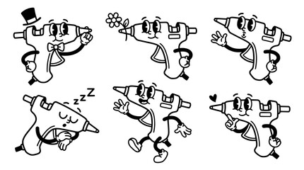 glue gun, cute retro cartoon style vector set , white background , PNG and SVG isolate
