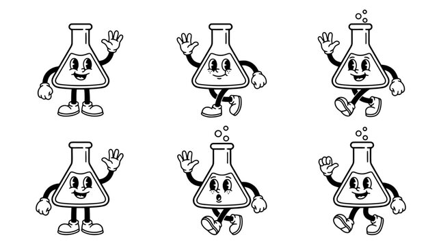 erlenmeyer flask, cute retro cartoon style vector set , white background , PNG and SVG isolate