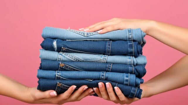 A stack of folded blue jeans held by two fair-skinned hands against a pink background
