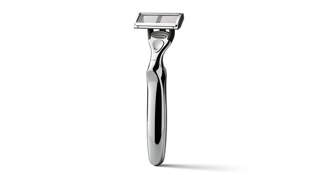 A shiny safety razor stands upright on a clean surface indoors.