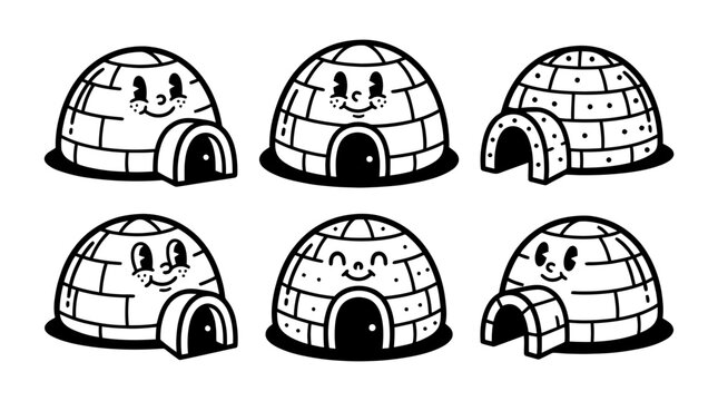 igloo, cute retro cartoon style vector set , white background , PNG and SVG isolate