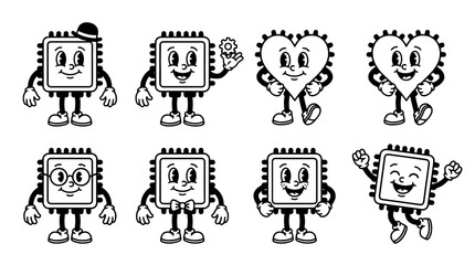 Fototapeta premium microchip, cute retro cartoon style vector set , white background , PNG and SVG isolate