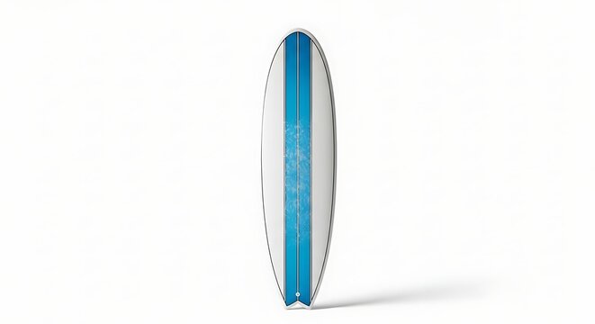 Surfboard standing upright on a white background with blue stripe