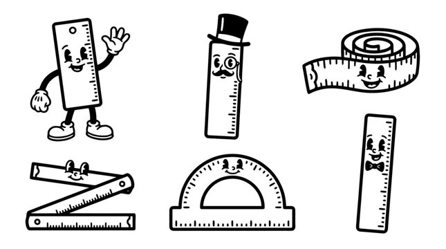 ruler, cute retro cartoon style vector set , white background , PNG and SVG isolate