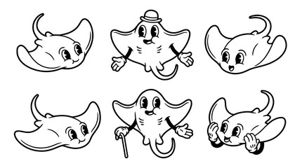 Fototapeta premium stingray, cute retro cartoon style vector set , white background , PNG and SVG isolate