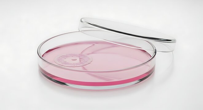 Petri dish with pink liquid and lid on white surface viewed from above