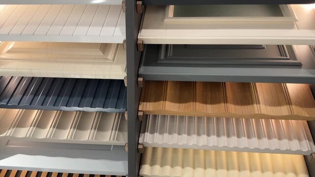 Display of various kitchen cabinet samples in different colors and textures on shelves